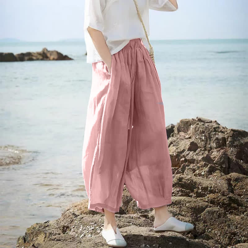 Buddha Stones Letnie, swobodne spodnie capri w stylu boho ze ściągaczem i kieszeniami. Szerokie nogawki. - Image 31