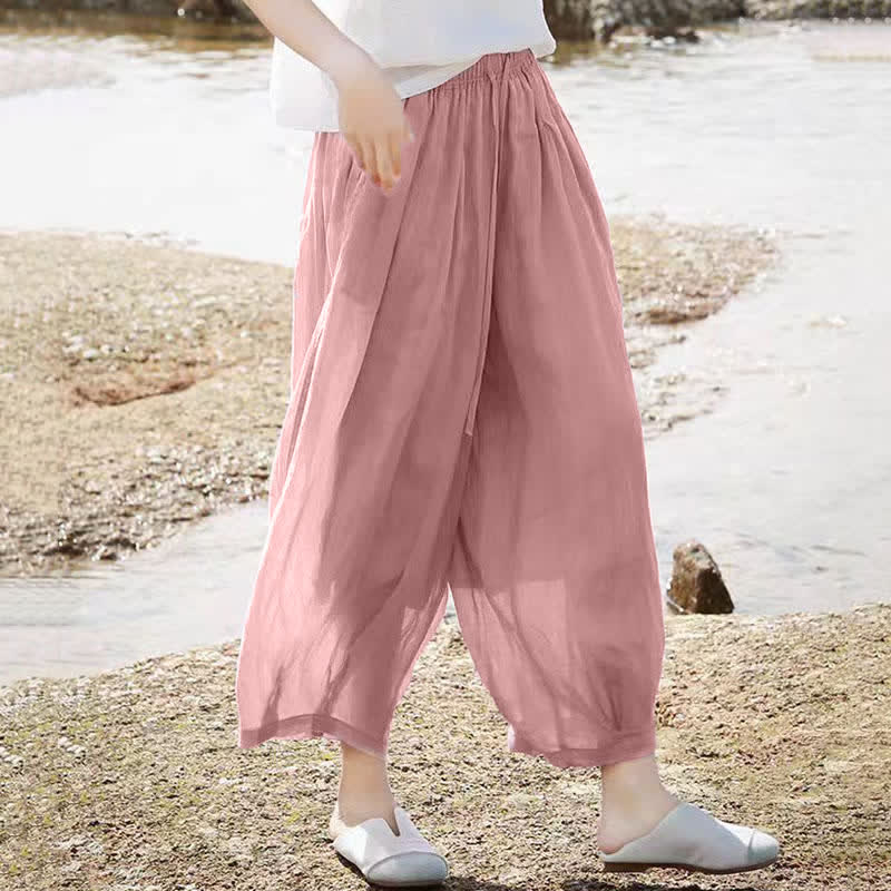 Buddha Stones Letnie, swobodne spodnie capri w stylu boho ze ściągaczem i kieszeniami. Szerokie nogawki. - Image 33