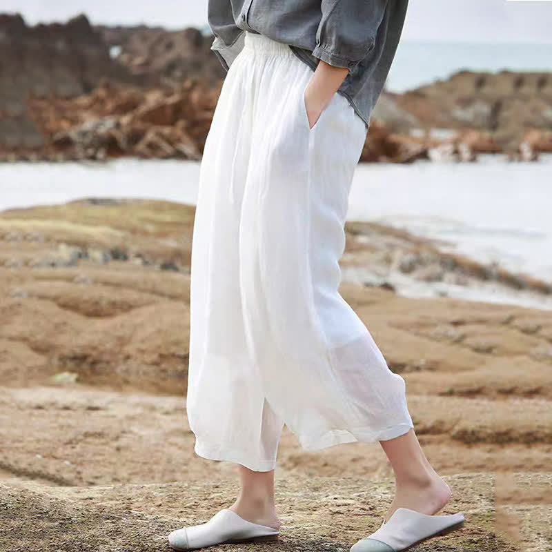 Buddha Stones Letnie, swobodne spodnie capri w stylu boho ze ściągaczem i kieszeniami. Szerokie nogawki. - Image 55