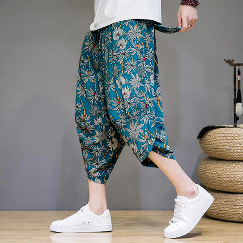 Buddha Stones Letnie, swobodne spodnie capri w stylu boho ze ściągaczem i kwiatowym wzorem, męskie spodnie haremowe z kieszenią - Image 13
