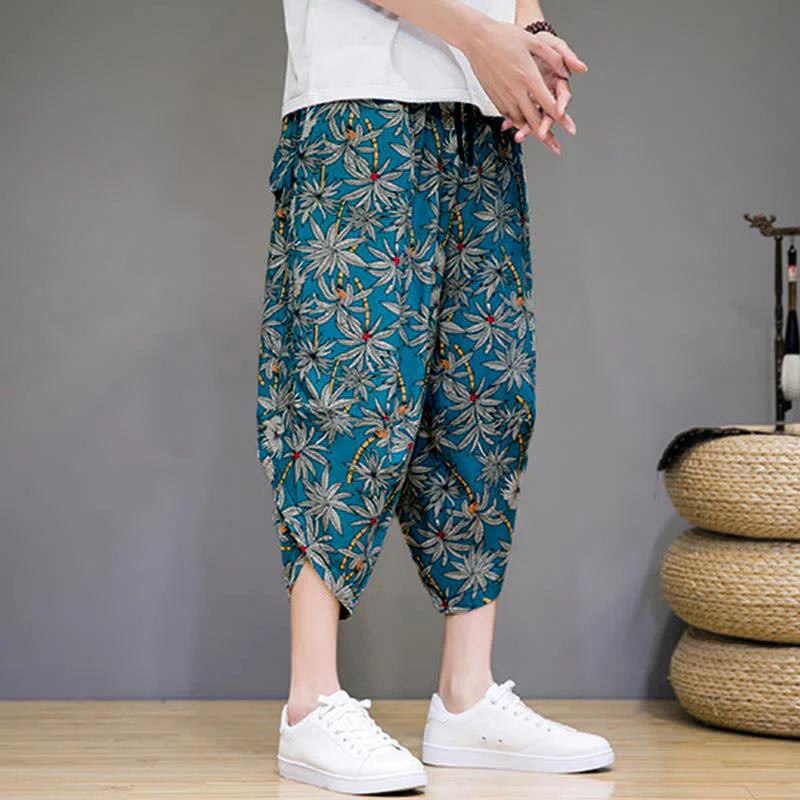 Buddha Stones Letnie, swobodne spodnie capri w stylu boho ze ściągaczem i kwiatowym wzorem, męskie spodnie haremowe z kieszenią - Image 15