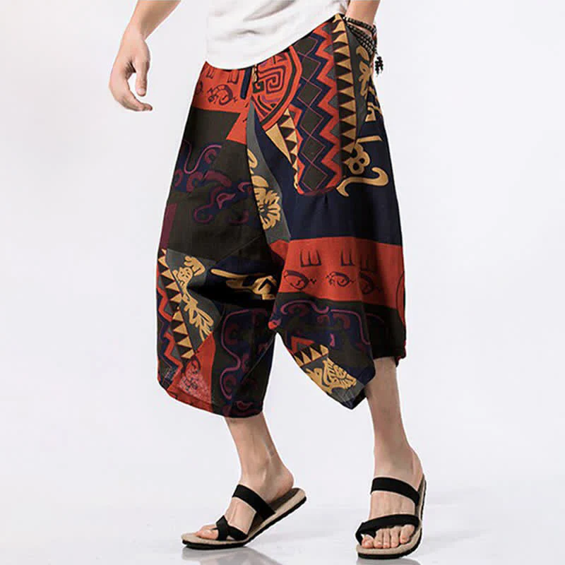 Buddha Stones Letnie, swobodne spodnie capri z bawełny i lnu w stylu boho, ściągane sznurkiem, z kwiatowym wzorem, męskie spodnie haremowe z kieszenią - Image 11