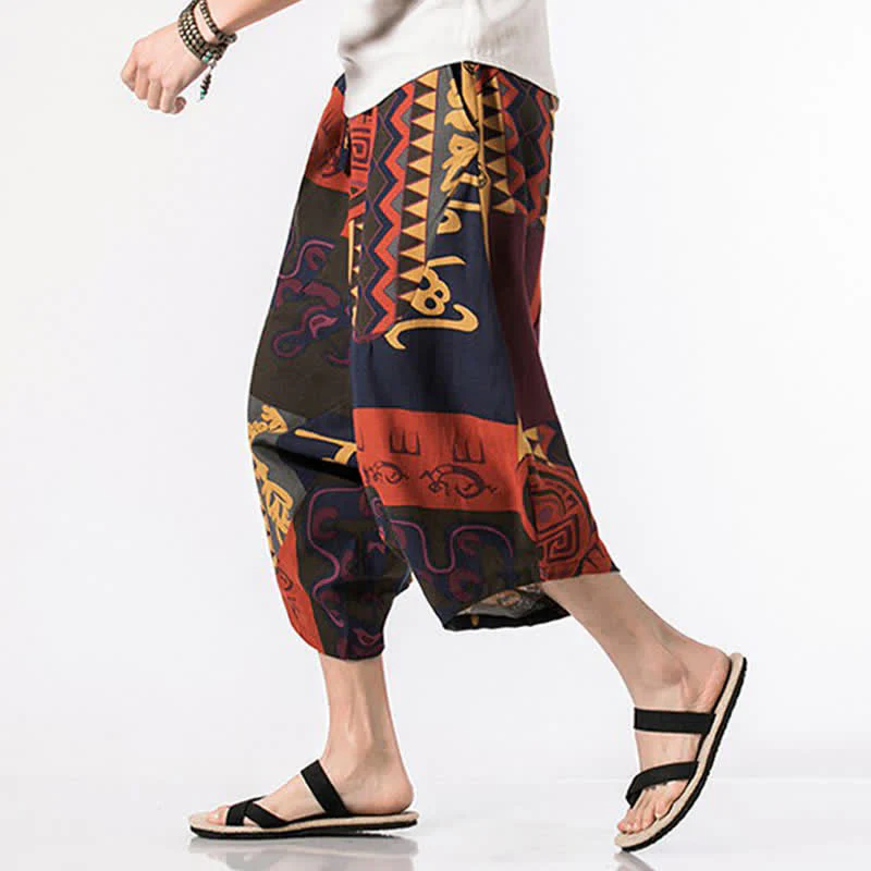 Buddha Stones Letnie, swobodne spodnie capri z bawełny i lnu w stylu boho, ściągane sznurkiem, z kwiatowym wzorem, męskie spodnie haremowe z kieszenią - Image 12
