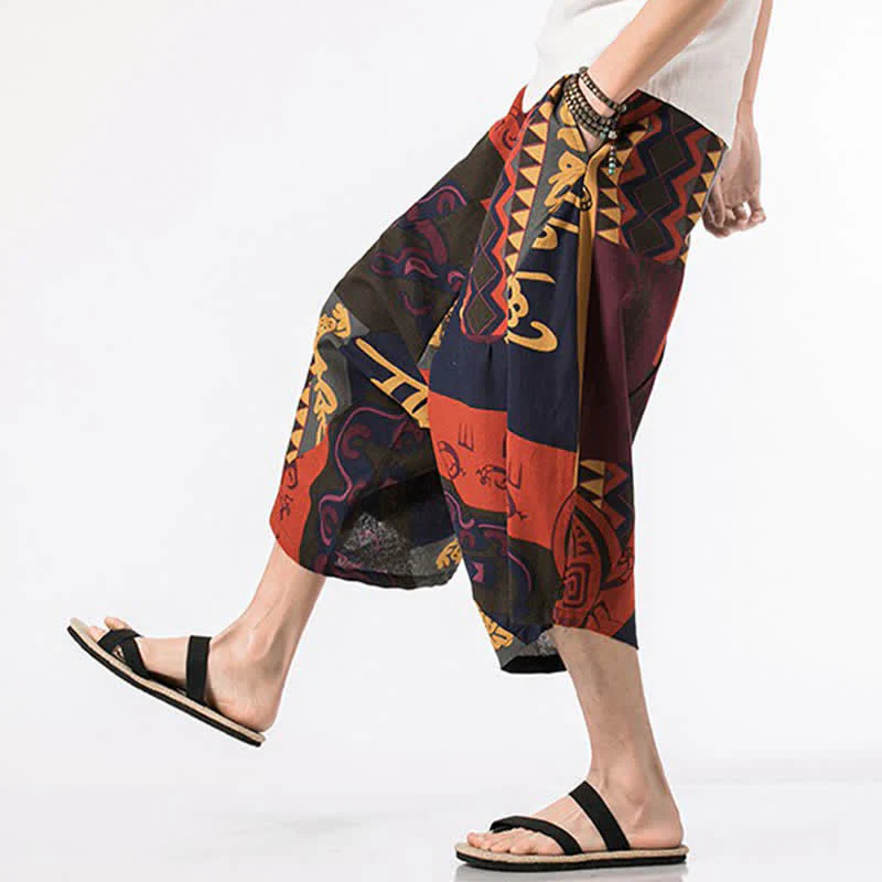 Buddha Stones Letnie, swobodne spodnie capri z bawełny i lnu w stylu boho, ściągane sznurkiem, z kwiatowym wzorem, męskie spodnie haremowe z kieszenią - Image 13