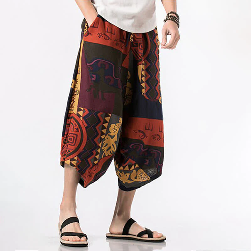 Buddha Stones Letnie, swobodne spodnie capri z bawełny i lnu w stylu boho, ściągane sznurkiem, z kwiatowym wzorem, męskie spodnie haremowe z kieszenią - Image 14