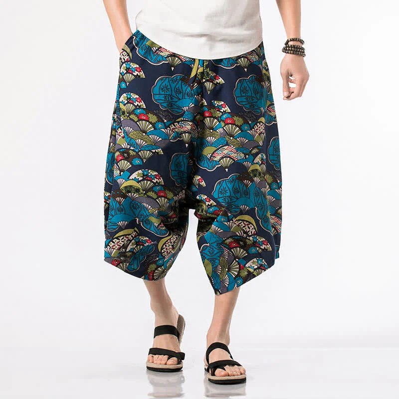 Buddha Stones Letnie, swobodne spodnie capri z bawełny i lnu w stylu boho, ściągane sznurkiem, z kwiatowym wzorem, męskie spodnie haremowe z kieszenią - Image 2