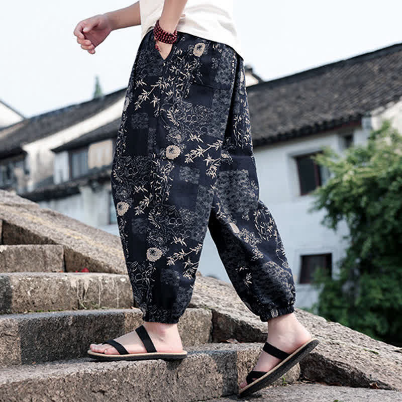 Buddha Stones Letnie, swobodne spodnie haremowe męskie w stylu boho ze ściągaczem i nadrukiem w kształcie słonia, z kieszeniami - Image 15