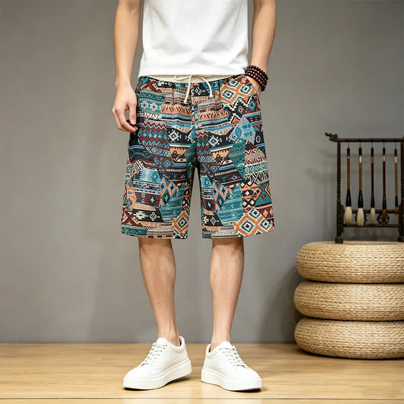Szorty męskie Buddha Stones Summer Casual Boho ze ściągaczem i geometrycznym wzorem i kieszeniami - Image 12