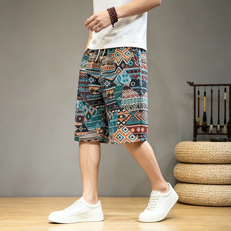 Szorty męskie Buddha Stones Summer Casual Boho ze ściągaczem i geometrycznym wzorem i kieszeniami - Image 13