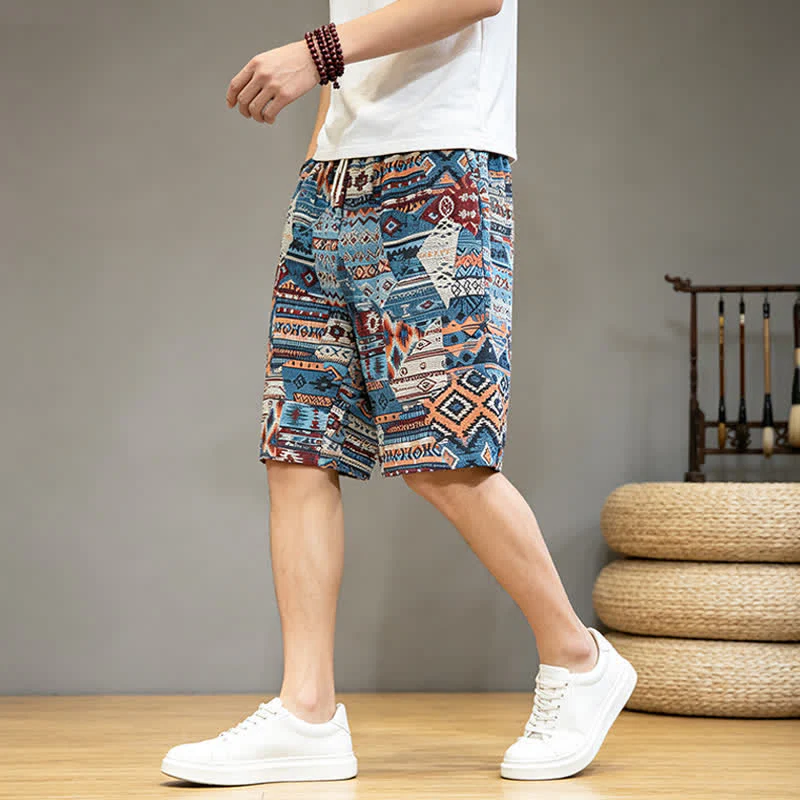Szorty męskie Buddha Stones Summer Casual Boho ze ściągaczem i geometrycznym wzorem i kieszeniami - Image 2