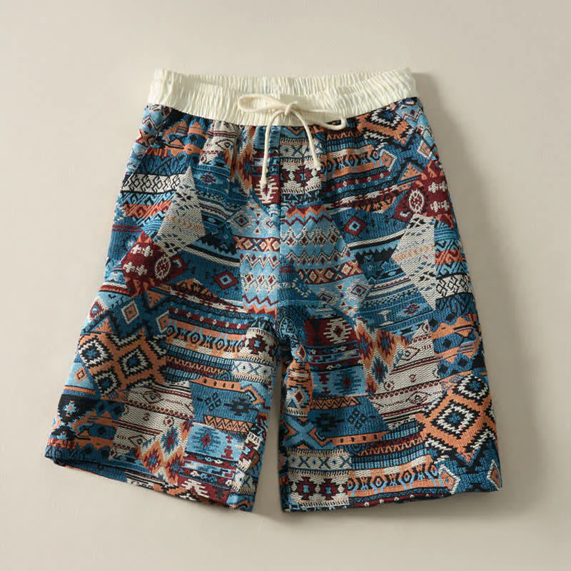 Szorty męskie Buddha Stones Summer Casual Boho ze ściągaczem i geometrycznym wzorem i kieszeniami - Image 3