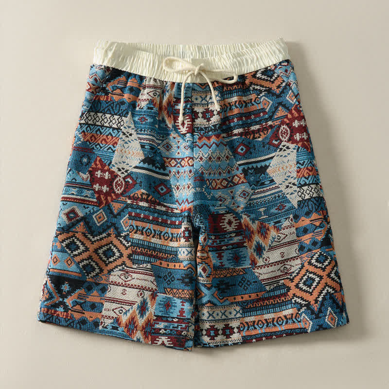 Szorty męskie Buddha Stones Summer Casual Boho ze ściągaczem i geometrycznym wzorem i kieszeniami - Image 4