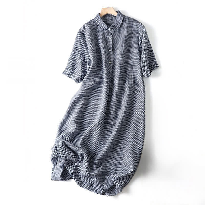 Buddha Stones Letnie, swobodne sukienki damskie w kratę z krótkim rękawem i zapięciem na guziki w stylu vintage - Image 18