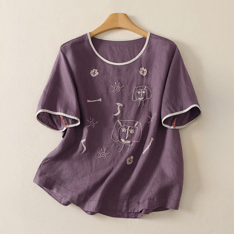 Buddha Stones Letnie, swobodne, vintage'owe, abstrakcyjne, haftowane postacie z motywem kwiatów słońca, damskie koszulki z krótkim rękawem