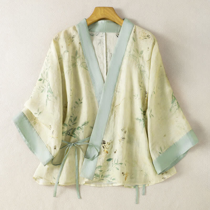 Buddha Stones Letnie, swobodne, vintage'owe kimono damskie ze ściągaczem, dekoltem w serek, kontrastowym kwiatowym wykończeniem i rękawami 3/4