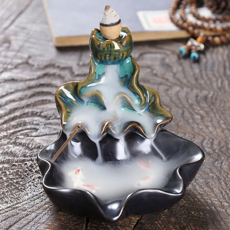 Buddha Stones Liść Lotosu Ryba Koi Ceramiczna Fontanna Dymna Z Przepływem Pokoju Dekoracja Kadzidła - Image 3