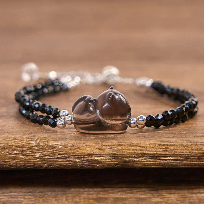 Buddha Stones Lód Obsydian Czarny Spinel Leżący Kot Odwaga Bransoletka Podwójna Warstwa - Image 2