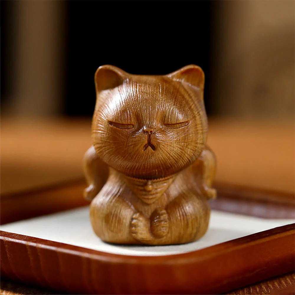 Buddha Stones Małe Mini Zielone Drzewo Sandałowe Szczęśliwy Kot Rzeźbione Uspokajające Dekoracje