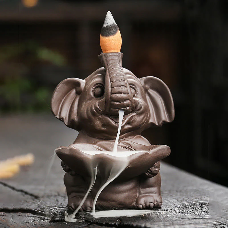 Buddha Stones Mały Słoń Trzymający Liść Fioletowa Glina Fontanna Dymna Z Przepływem Wstecznym Uzdrawiająca Kadzielnica Dekoracja - Image 8