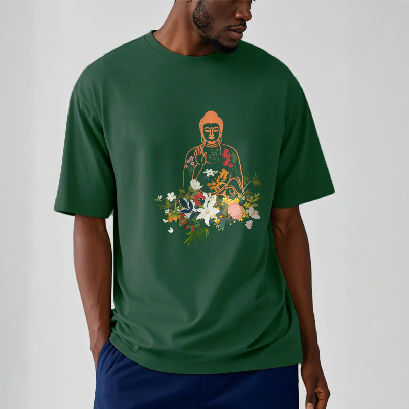 Buddha Stones Medytujący Budda Kwitnące Kwiaty Wzór T-shirt - Image 12