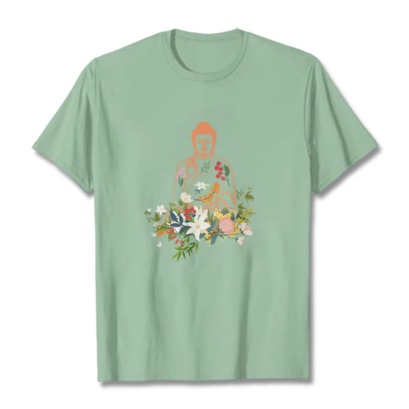 Buddha Stones Medytujący Budda Kwitnące Kwiaty Wzór T-shirt - Image 15