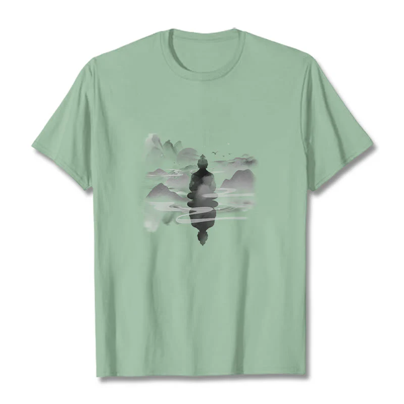 Buddha Stones Medytujący Budda Siedzący W Górach Wzór Bawełniana Koszulka T-shirt - Image 13