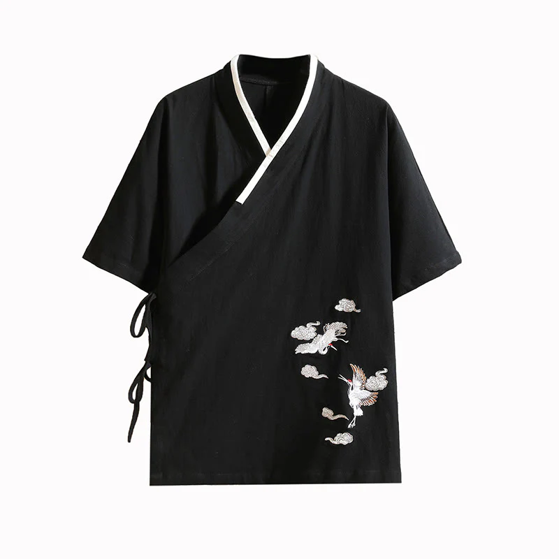 Buddha Stones Męska bawełniana kurtka kimono z krótkim rękawem i haftowanym wzorem żurawia i chmur, otwarta z przodu - Image 15