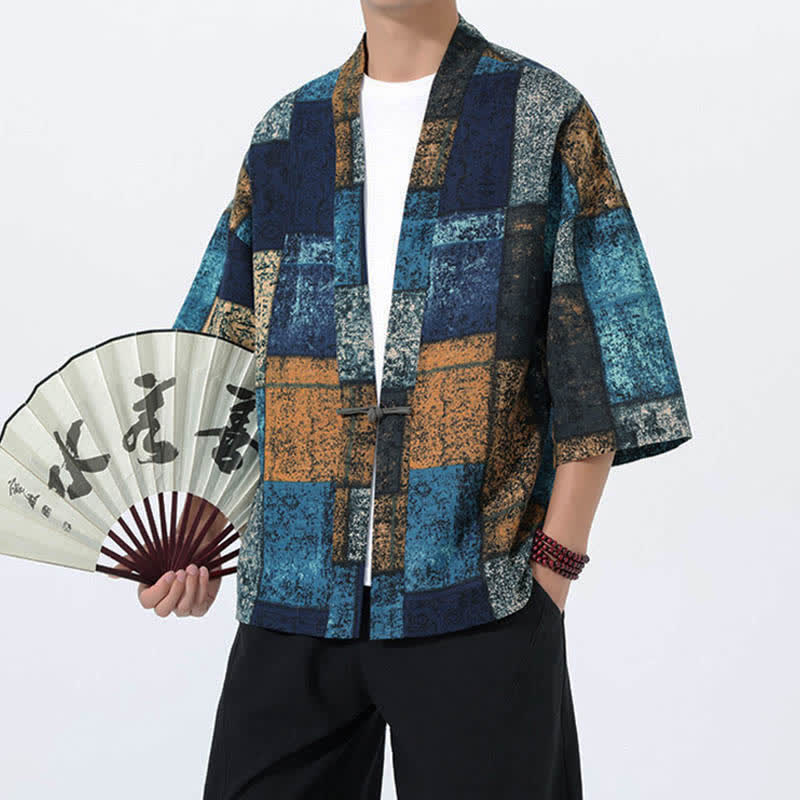 Buddha Stones Męskie kimono z krótkim rękawem z nadrukiem tropikalnych liści i mieszanki lnu - Image 11