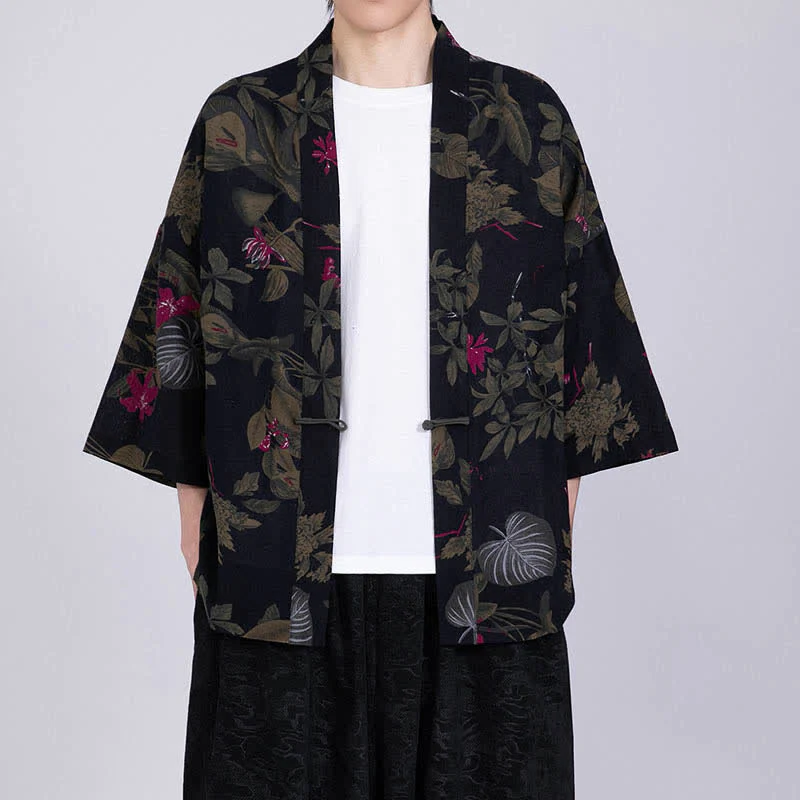 Buddha Stones Męskie kimono z krótkim rękawem z nadrukiem tropikalnych liści i mieszanki lnu - Image 12