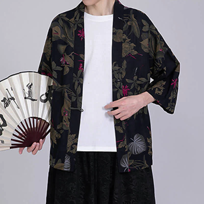 Buddha Stones Męskie kimono z krótkim rękawem z nadrukiem tropikalnych liści i mieszanki lnu - Image 13