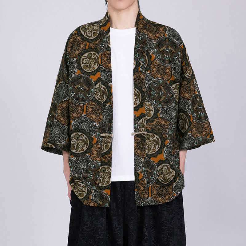 Buddha Stones Męskie kimono z krótkim rękawem z nadrukiem tropikalnych liści i mieszanki lnu - Image 17