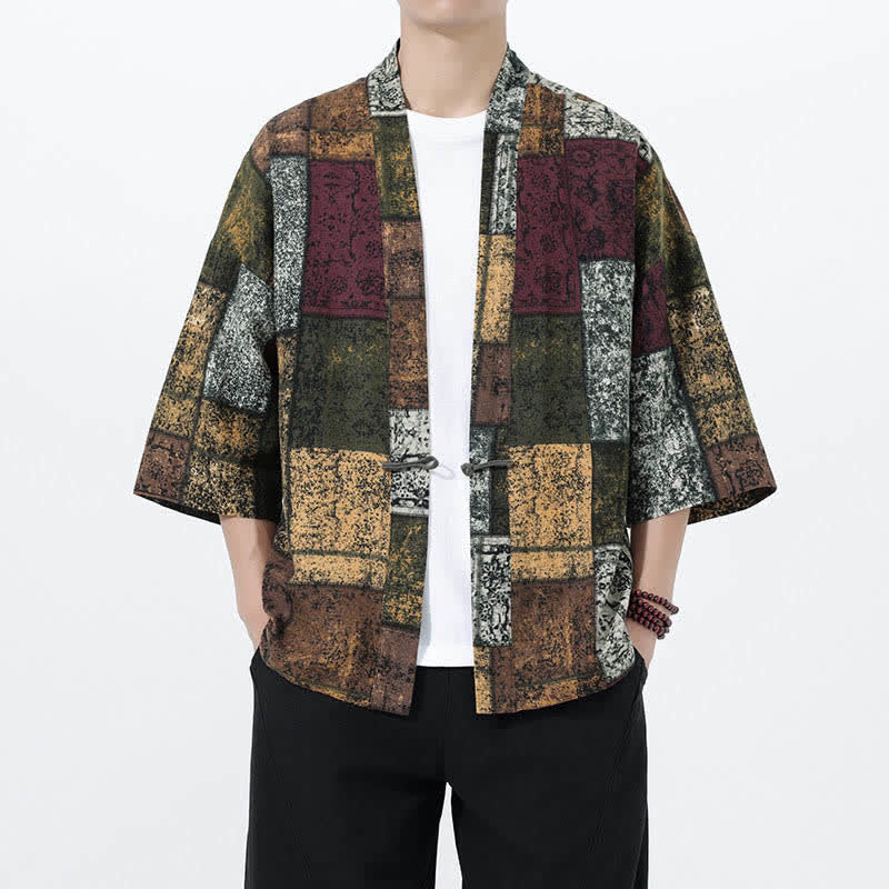 Buddha Stones Męskie kimono z krótkim rękawem z nadrukiem tropikalnych liści i mieszanki lnu - Image 19