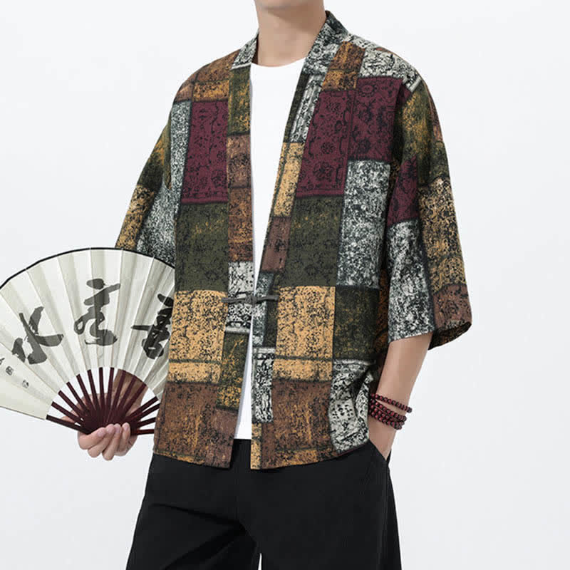 Buddha Stones Męskie kimono z krótkim rękawem z nadrukiem tropikalnych liści i mieszanki lnu - Image 22