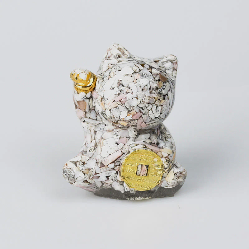 Buddha Stones Miedziana moneta "Szczęśliwy Kot" z turkusowym labradorytem i różowym kryształem, ametystem i siłą dekoracji domu - Image 8