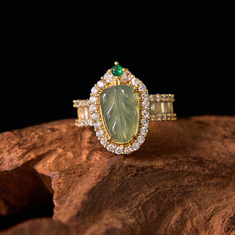 Buddha Stones Miedziane Złoto Naturalny Jade Liść Pełny Diamentów Pierścień Szczęścia Regulowany - Image 8