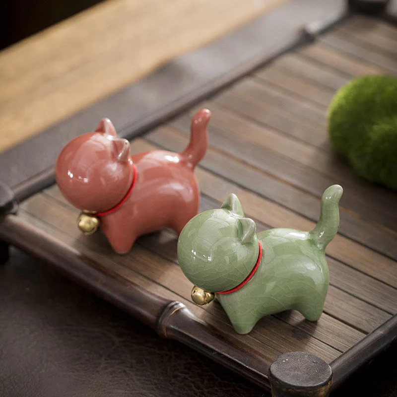 Buddha Stones Mini Słodkie Szczęśliwe Dzwonki Kot Herbata Zwierzę Ceramiczne Figurka Dekoracja Biurka Domowego