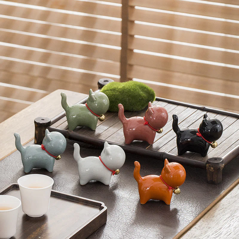 Buddha Stones Mini Słodkie Szczęśliwe Dzwonki Kot Herbata Zwierzę Ceramiczne Figurka Dekoracja Biurka Domowego - Image 2