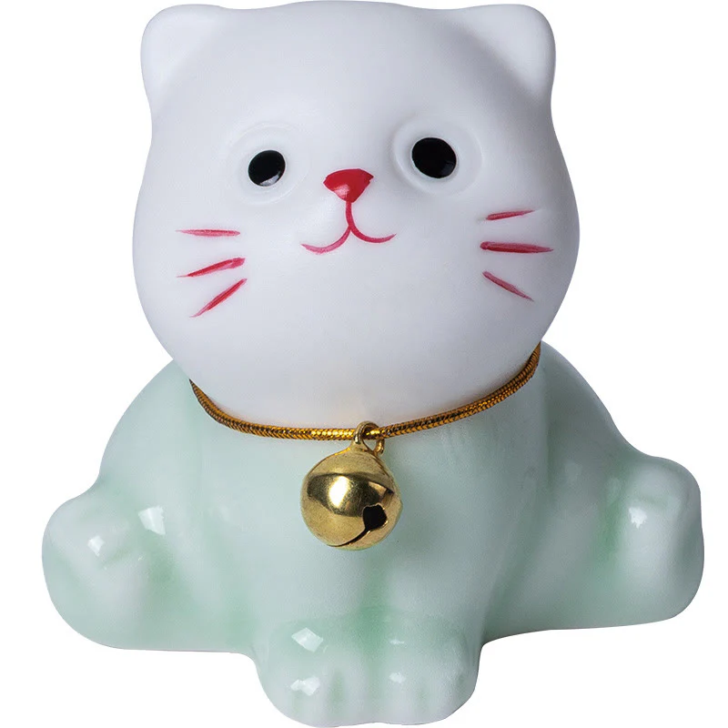 Buddha Stones Mini Szczęście Uroczy Kot Jasnozielony Biały Ceramiczna Figurka Dekoracja - Image 14