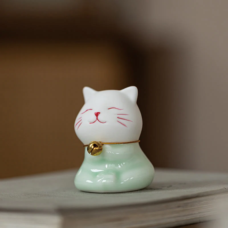 Buddha Stones Mini Szczęście Uroczy Kot Jasnozielony Biały Ceramiczna Figurka Dekoracja - Image 19