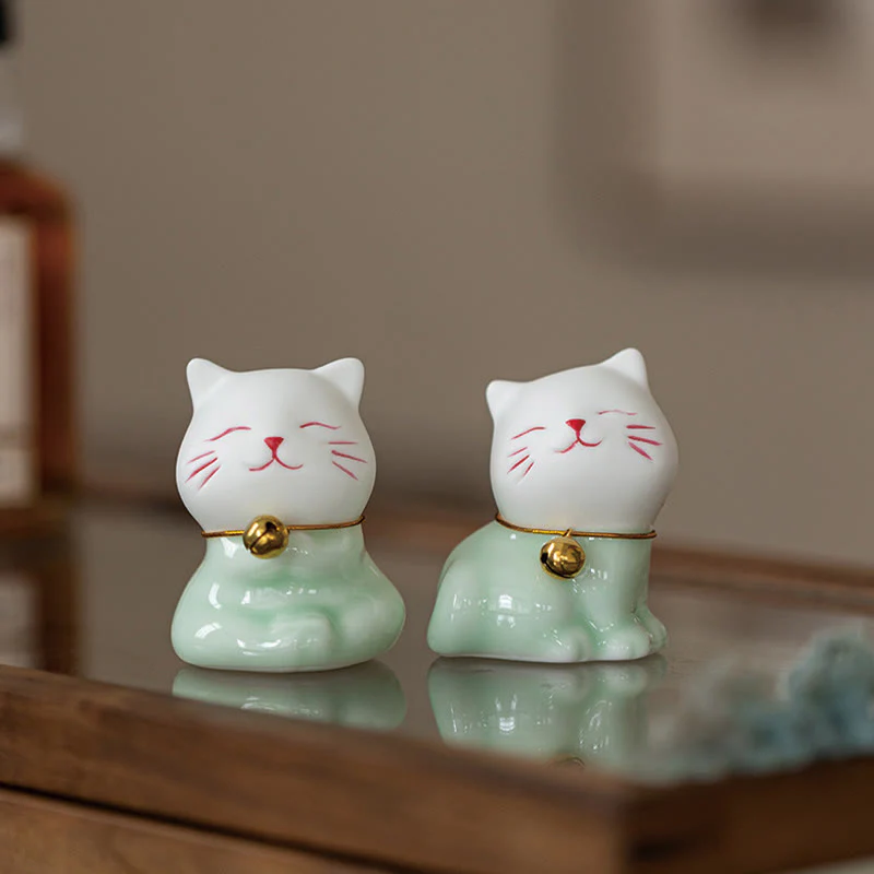 Buddha Stones Mini Szczęście Uroczy Kot Jasnozielony Biały Ceramiczna Figurka Dekoracja - Image 20