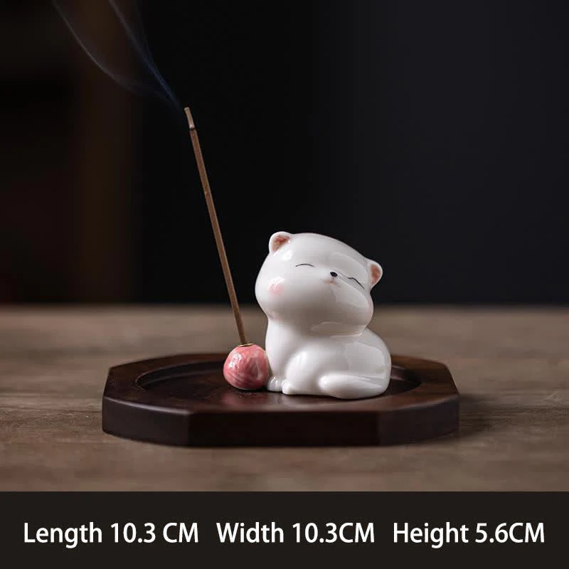 Buddha Stones Minimalistyczny biały ceramiczny kadzielnica w kształcie kota z pomponem bez kadzidła - Image 2