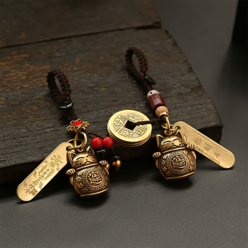 Buddha Stones Mosiężne chińskie monety z wizerunkiem kota szczęścia, breloczki do kluczy z symbolem bogactwa - Image 13