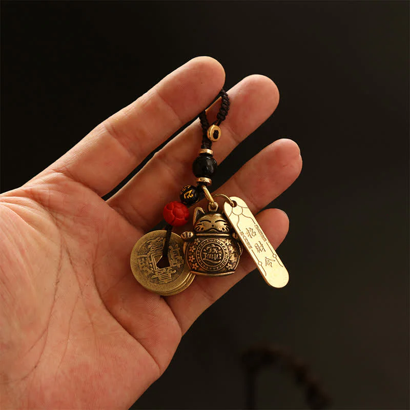 Buddha Stones Mosiężne chińskie monety z wizerunkiem kota szczęścia, breloczki do kluczy z symbolem bogactwa - Image 9