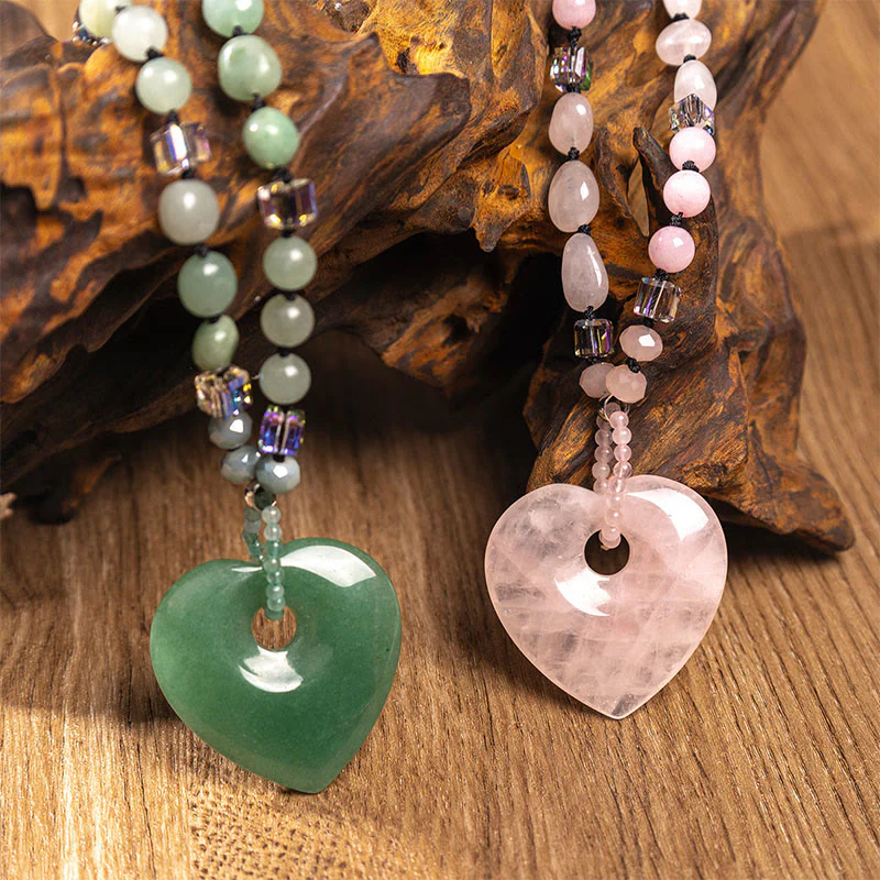 Buddha Stones Naszyjnik z koralikami Love Heart Luck z kwarcu różowego i zielonego awenturynu