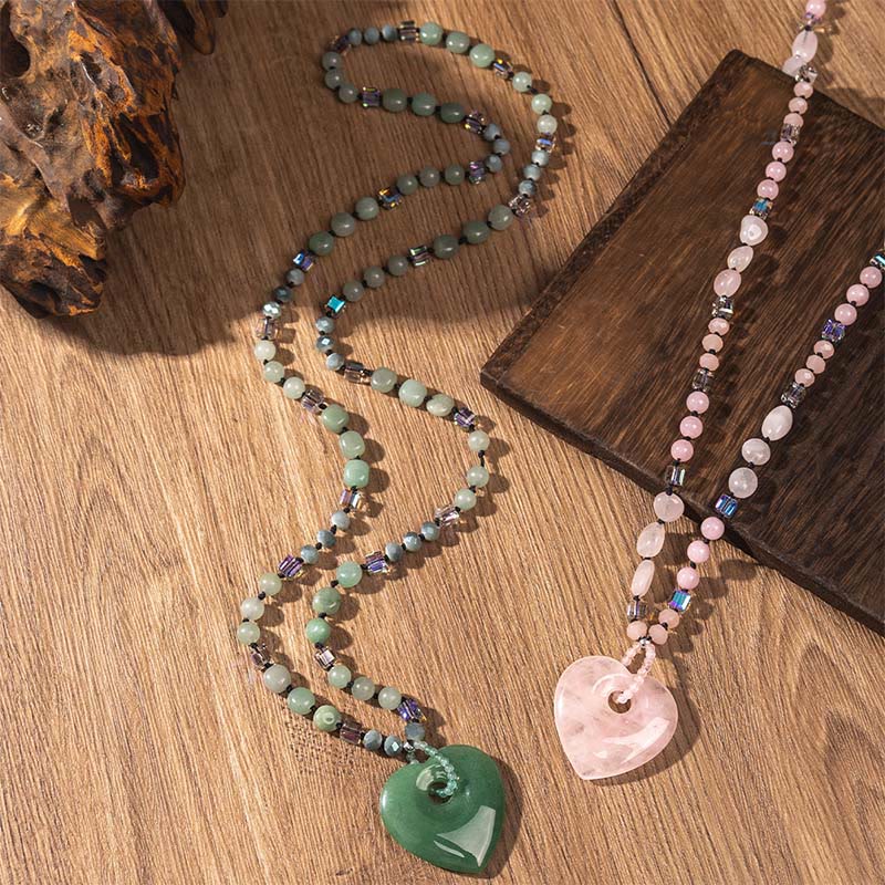 Buddha Stones Naszyjnik z koralikami Love Heart Luck z kwarcu różowego i zielonego awenturynu - Image 8