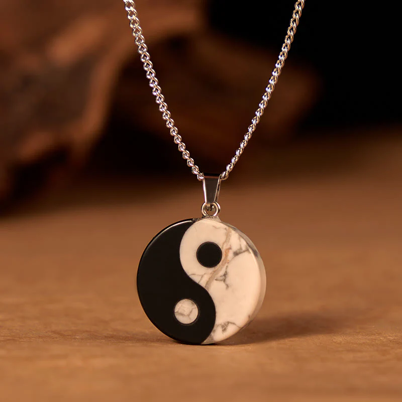 Buddha Stones Naszyjnik z naturalnego czarnego obsydianu i białego turkusu w stylu Yin Yang Tai Chi