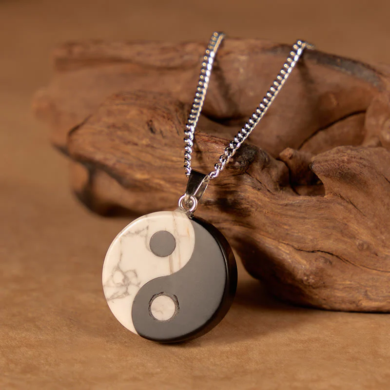 Buddha Stones Naszyjnik z naturalnego czarnego obsydianu i białego turkusu w stylu Yin Yang Tai Chi - Image 2