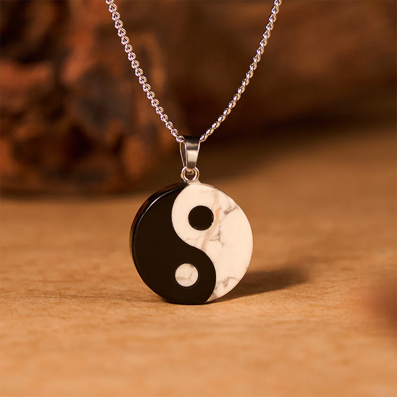 Buddha Stones Naszyjnik z naturalnego czarnego obsydianu i białego turkusu w stylu Yin Yang Tai Chi - Image 3