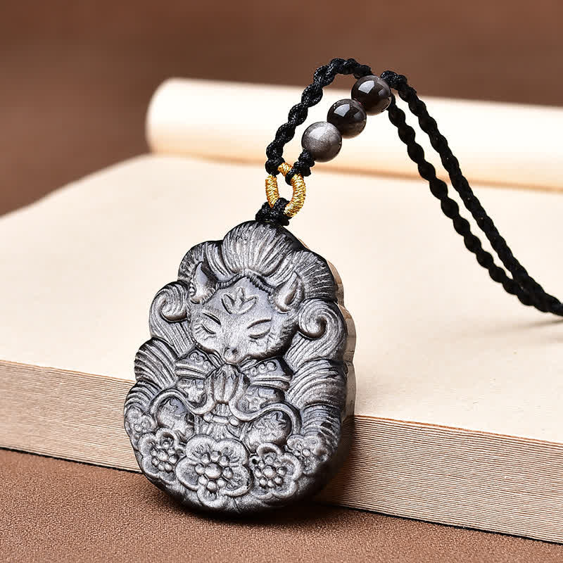 Buddha Stones Naszyjnik z obramowaniem z czarnego obsydianu, ręcznie rzeźbiony, chroniący przed dziewięcioogoniastym lisem