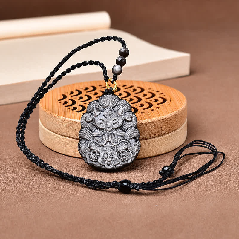 Buddha Stones Naszyjnik z obramowaniem z czarnego obsydianu, ręcznie rzeźbiony, chroniący przed dziewięcioogoniastym lisem - Image 2